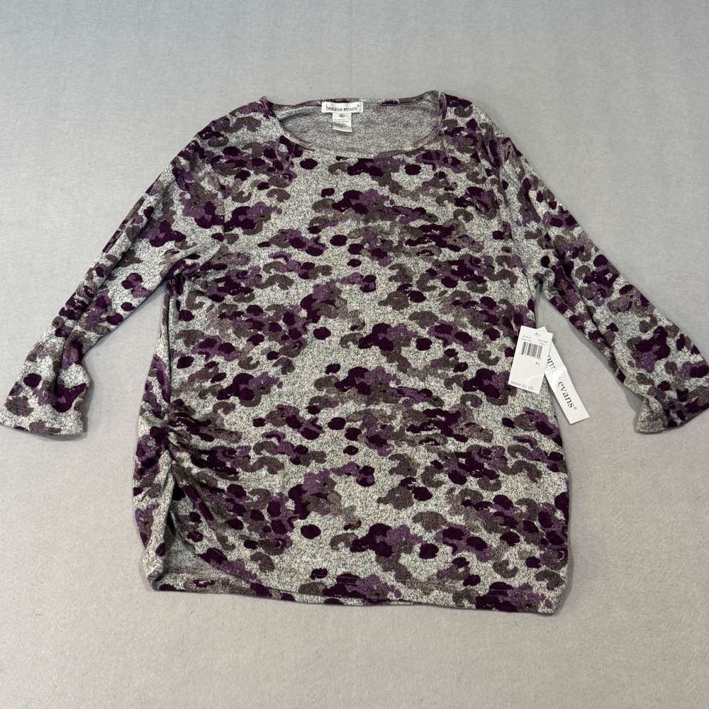 Bonnie Evans Top Womens PL Grey Purple Abstract Animal Print Ruched Side NWT